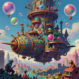hyper detailed ultra sharp of a colorful bubblepunk steampunk overcrowded city airship. trending on artstation, warpaint aesthetic, earthwave, colorful, psychedelic, ornate, intricate, digital painting, concept art, smooth, sharp focus, illustration, art by artgerm and greg rutkowski and h. r. giger, 8 k