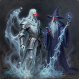 a very elegant oil painting of a ghostly looking knight and a magical wizard made of magic slime combination, using magic, magic leaking out of them, smooth painting, medieval armor, wizard knight fusion, concept art, pointy, the red glows coming through the knight helmet, paint smears, digital art, character design, d & d character, heavy shading, by vasnetsov