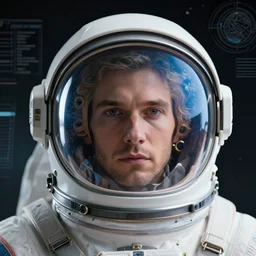 retrofuturistic portrait of a man with in astronaut helmet, smooth transparent visor, reflective gradient showing earth, detailed space graphics in background, close up, quint buchholz, wlop, dan mumford, artgerm, liam brazier, peter mohrbacher, raw, featured on artstation, octane render, cinematic, elegant, intricate, 8 k
