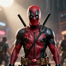 deadpool in batman gear, splash art, warzone, dystopian, movie still, cinematic lighting, dramatic, octane render, long lens shallow depth of field, bokeh, anamorphic lens flare, 8 k, hyper detailed, 3 5 mm film grain