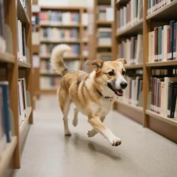 running dog in a library, sigma 2 4 mm f / 8, 1 / 1 0 s shutter speed
