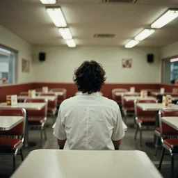 7 0 s film still from a horror movie of one person sitting at an empty diner, kodachrome, cinecolor, cinestill, film grain, film texture, retro, cinematic, high resolution, photorealism,