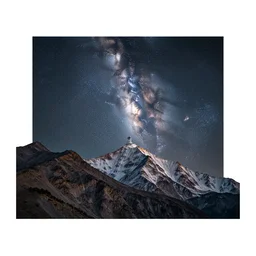 surrealist collage of mountains archive photograph under amazing milky way night sky