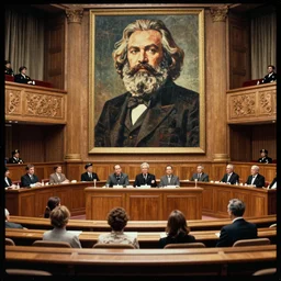 60s movie still of a stalinist style parlement with a giant painting of Karl Marx, by Irving Penn , cinestill 800t 35mm eastmancolor, heavy grainy picture, very detailed, high quality, 4k, HD criterion, precise texture