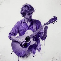 dripping purple faded paint across the shape of a male human playing guitar, realistic, high detail, on a white damage background