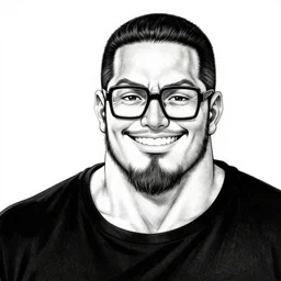 highly detailed ink illustration of a buff smiling man with long stubble, muscular neck, rectangular square shaped glasses and a black bowl cut, wearing a black tshirt, b & w clean shaped illustration by kim ric estrada and eiichiro oda
