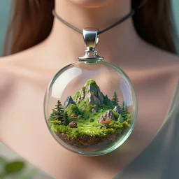 photo of a futuristic terrarium glass jewelry pendant with a tiny verdant mountain landscape from firewatch game inside of it, in the neck of a young woman, by dieter rams, volumetric lighting, granular detail, hyperrealist, hypermaximalist, granular detail, hypermaximalist, micro details, blender, vray