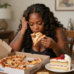 depressed lizzo gorging herself with pizza cookies chips and cake in real life, 8 k, 4 k uhd, very detailed, great detail, super detailed, hyper realistic, realistic