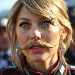 taylor swift with mustache, close up portrait, nascar race,