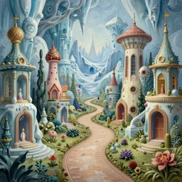 a whimsical elite masterpiece mysterious sci - fi matte painting of a winding path through arctic dream worlds with surreal architecture designed by heironymous bosch, structures inspired by heironymous bosch's garden of earthly delights, surreal ice interiors by cyril rolando and natalie shau, insanely detailed and intricate, elegant, sense of awe