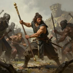a peasant handling a quarterstaff against lots of enemies. intricate, elegant, highly detailed, digital painting, artstation, concept art, sharp focus, illustration, by justin gerard and artgerm, 8 k