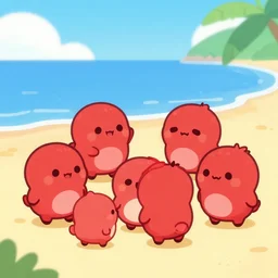 a group of anthropomorphic red cute hermit on sandy beach, cartoon