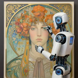 robot artist painting a self - portrait on a canvas. intricate, highly detailed, digital matte painting, in the style of alexandros pyromallis, and in the style of sachin teng, and in the style of hans thoma, and in the style of gil elvgren. irony, recursion, inspiration, art nouveau.