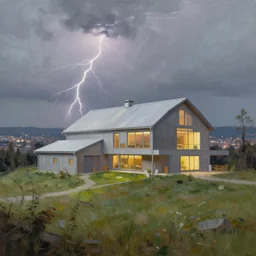 exterior view of modern futuristic farm house architecture and barn, on a hill with a view overlooking the city, lightning in grey skies, detailed luminescent oil painting 4 k