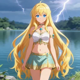 a very beautiful anime cute girl, extremely long blond hair reaching the ground, full body, long wavy blond hair, sky blue eyes, full round face, short smile, fancy top, miniskirt, front view, summer lake setting, cinematic lightning, medium shot, mid-shot, highly detailed, trending on Artstation, Unreal Engine 4k, cinematic wallpaper by Stanley Artgerm Lau, WLOP, Rossdraws, James Jean, Andrei Riabovitchev, Marc Simonetti, and Sakimichan