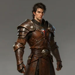realistic portrait, 30 year old man, dark taint :: athletic, fantasy mage, medieval leather armour, brown clothes :: high detail, digital art, RPG, concept art, illustration