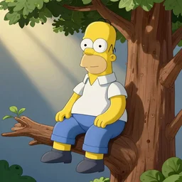 a 3D render of Homer Simpson siting on a tree