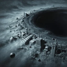 airbrushed black hole factory edge of cassieopia by jack kirby, kelly freas, donato giancola, wayne d barlowe, philippe druillet, fine art masterpiece baked at 3 0 0 f, matte painting, cold lighting, aged with sunlight, award winning horror, photorealistic render, cinematic