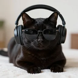 a black cat with sunglasses and headphones