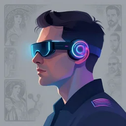 side view future coder man, sleek cyclops display over eyes and glowing headset, neon accents, holographic colors, desaturated headshot portrait vector painting by john berkey, tom whalen, alex grey, alphonse mucha, donoto giancola, dean cornwall, rhads, astronaut cyberpunk electric lights profile 1