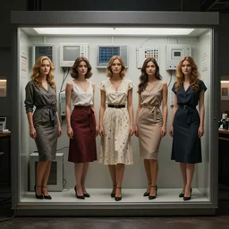 Ladies in different dresses and skirts, electrical case display, total recall tech, ultrarealistic, dramatic lighting, electrical details, high details, 4k, 8k, best, accurate, trending on artstation, artstation, photorealism, ultrarealistic, digital painting, style of  Boris Vallejo and Hajime Sorayama