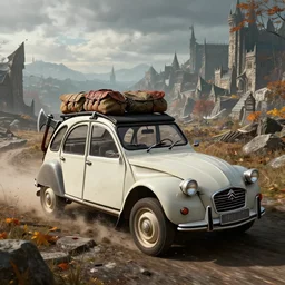 daedric offroad citroen 2 cv ( 1 9 6 5 ) driving across the rift, daedric axe stored on the side of the car, leather and cloth traveller backpacks on roof, riften city in the background, epic fantasy, autumn, the elder scrolls v : skyrim, dramatic lighting, establishing shot, by simon stalenhag
