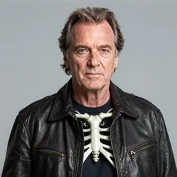 Jack Nicholson plays Terminator wearing leather jacket and his endoskeleton is visible, his eye glows red, walking out of flames