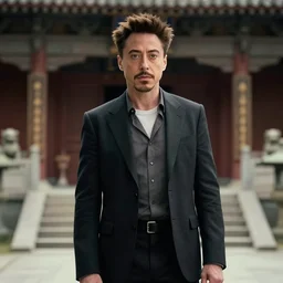 film still of Robert Downey Jr as Cobb in an ancient chinese temple in Inception, 4k