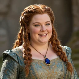 portrait, beautiful dwarven lady wearing an elegant brocade dress and an ametrine pendant, by greg staples, thomas kinkade, jeff easley, dungeons and dragons, lord of the rings, intricate, ultrarealistic, cheerful, complex braided hair, chubby and plump, big nose, sharp focus, sunlight, soft lighting