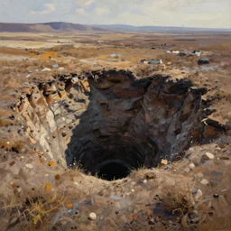 barren tundra, deep sinkhole, extremely detailed oil painting, unreal 5 render, digital art, landscape painting, octane render, beautiful composition, trending on artstation, award winning photograph, masterpiece
