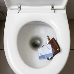 toilet flushing wallet id card and keys, top view of toilet