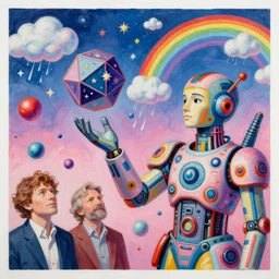 surreal gouache painting, by louise dahl - wolfe, conrad roset, by kilian eng, by good smile company, incredibly detailed, of floating molecules and a mannequin statue holding an icosahedron with stars, clouds, and rainbows in the background, cgsociety, artstation, modular patterned mechanical costume and headpiece, retrowave atmosphere