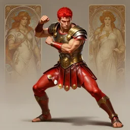 elegant full body portrait of athletic muscular angry roman soldier in fighting stance, red leather roman soldier skirt with white tips, gold shoulder armor piece, piercing bright red eyes, fantasy, intricate, short red hair, highly detailed, digital painting, artstation, crossfit, tight spandex, smooth, sharp focus, illustration, matte, dramatic, dynamic pose, art by artgerm, in the style of greg rutkowski and alphonse mucha, mark brookes, jim burns, tom bagshaw