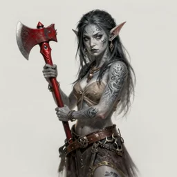 ritually tattooed female goblin with grey skin, holding a red woodsman axe, d & d, fantasy, highly detailed, digital painting, trending on artstation, concept art, sharp focus, illustration, global illumination, shaded, art by artgerm and greg rutkowski and fuji choko and viktoria gavrilenko and hoang lap