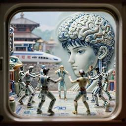 fuji gfx, wide lens ; beautiful hyperrealistic film still from nepal movie of cyborg lab dance scene directed by microplastics in style of 1 9 9 0 s frontiers in miniature porcelain deep emboss macro design architectural art studio photography seinen manga wired devanagari brain map closeup portrait edition, real - life shinkansen window landscape view of porcelain izakaya sign, highly detailed, tilt shift background
