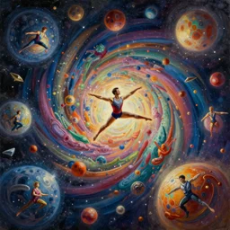 circus acrobat flying into ultra high resolution hyperspace with myriads of details, luminosity, infinity variations of colours mass, mid shot, mark maggiori, jeff dekal, intricate details, hyperrealistic oil painting on canvas, deep depth field, hd, hdr, 4 k, 8 k