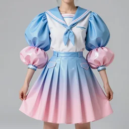 designer realistic and dynamic folds collection ball shaped accordion sleeve haute couture, sailor uniform, midi skirt, coat pleats, synthetic curves striking pose, cute pockets, volume flutter, youthful, modeled by modern designer bust, body fit, award fashion, picton blue, petal pink gradient scheme, light holographic tones, expert composition, high detail, professional retouch, editorial photography