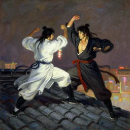 wuxia, fight on the roof, neon light, painting by gaston bussiere, craig mullins, j. c. leyendecker