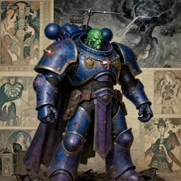 composition of gothic and futuristic, warhammer, cyber armor, more and more scars, storm, green head, blue and purple, the middle ages, highly detailed, artstation, in the style of moebius, jugendstil and classic japanese print, art by jean delville and rene magritte