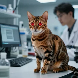 A cyborg Bengal Cat with a glowing red eye sits in on his owner’s lab, Hyperreal
