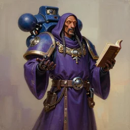 painting of snoop dog as a cloaked tech priest holding a book, adeptus mechanicus!, cybernetic enhancements attached to his body, praise the omnissaiah, zdzislaw beksinski, lewis jones, mattias adolfsson, senrio character artist, warhammer 4 0 k!!, cold hue's, warm tone gradient background, concept art, digital painting