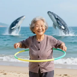 a smiling lovely cute granny with a hula hoop at the beach. whales jumping in the background. editorial photography