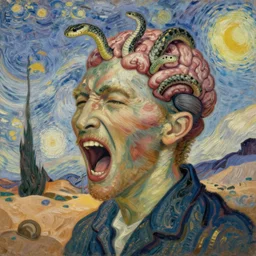 A disembodied head screaming with the top half missing and the brain exposed, snakes slither from the brain, desert background, oil painting, surrealism art, painted by Vincent van Gogh