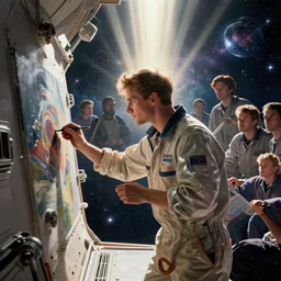mechanic in a space station painting by james jean, peter mohrbacher, dan mumford, anton fedeev, william higginson, ross tran, cosmic, heavenly, god rays, intricate detail, cinematic, cel shaded, unreal engine, featured on artstation, pixiv