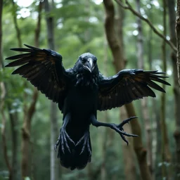 photograph of beastly crow human with arms captured in the forest