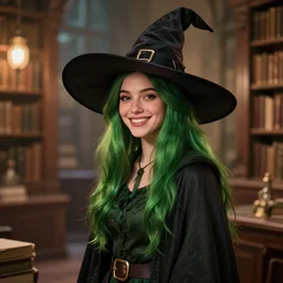 happy nathalie emmanuel as a witch, long green hair, cozy atmosphere, urban fantasy, hat, library, bokeh highly detailed, qichao wang, artgerm, cushart krenz, zeronis, trending on artstation, sharp focus, smooth, crisp, 8 k, octane render, illustration, character design, concept art