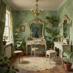beautiful digital matte painting of a whimsical botanical shabby chic dressing room by greg rutkowski and edward hopper, artstation, behance hd - 7 6 8