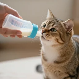 human giving milk bottle to a cat