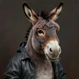 Portrait donkey Eeyore from disney cartoon weared in storm jacket and hat, by Tom Bagshaw and Manuel Sanjulian