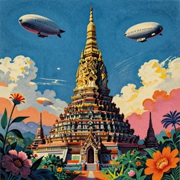surreal glimpse into other universe, mahanakorn tower with airship floating n the sky, summer morning, very coherent and colorful high contrast, art by!!!! joan miroi!!!!, geof darrow, floralpunk screen printing woodblock, dark shadows, hard lighting, stipple brush technique,
